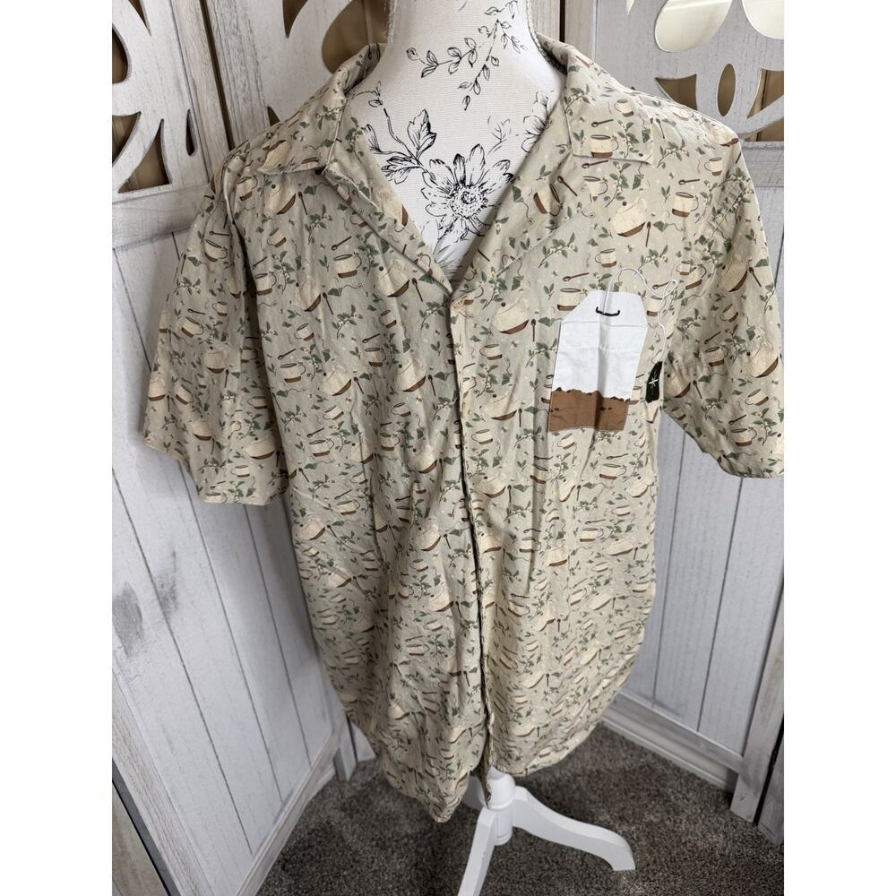 Knock Thrice Unisex Tea Time Tea Kettle Print Green Brown Button Down Sz Large